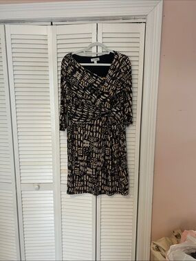 dressbarn Black and Beige Abstract Wrap Dress